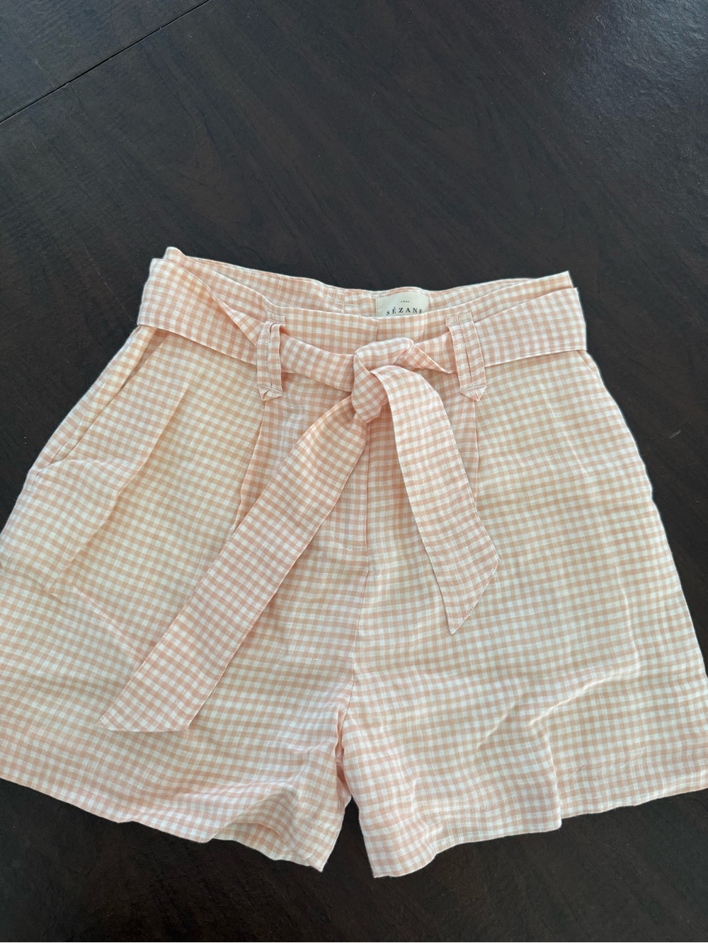 Sezane Peach Gingham High-Waist Tie Shorts